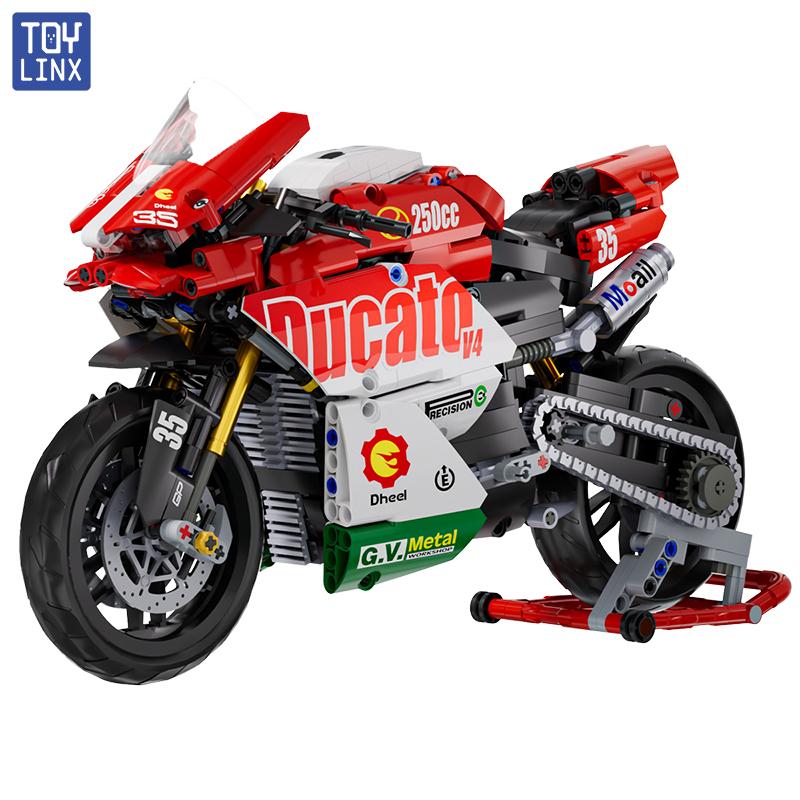 TOYLINX Famous V4 Motorcycle Building Blocks Set Super Motorbike Model Kit Technical Racing Kids Assembled Toys Gifts For Boys