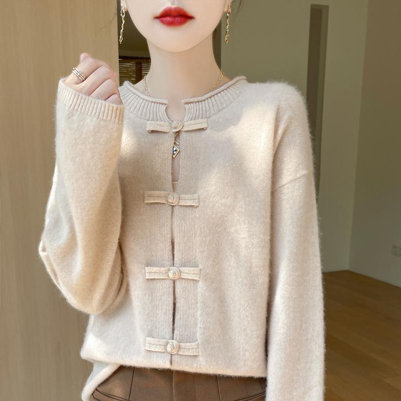 New Autumn and Winter Heavy Industry New Chinese Wool Cardigan for Women Knitted Button Jacket Retro Sweater Top Pure Wool Shirt