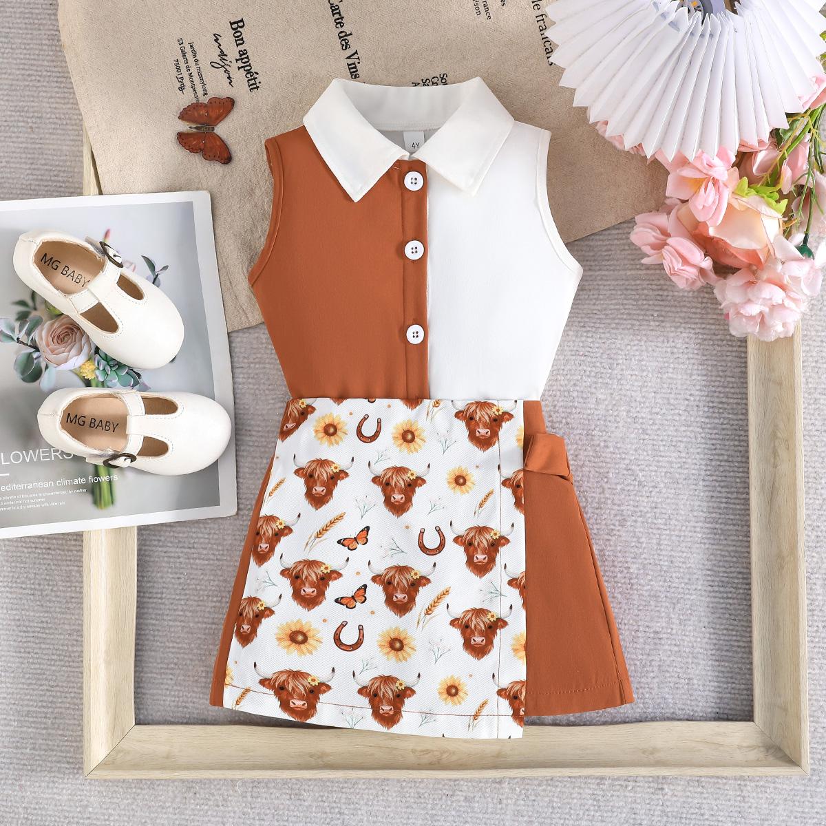 Kids Farm Animal Print Dress, Button Front Sleeveless with Sunflower and Cow Pattern 2-3Y румяный коричневого