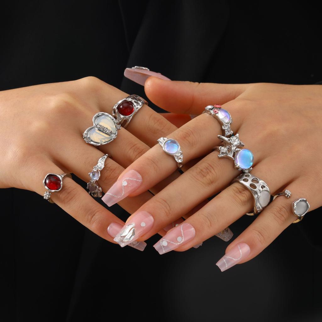 iF ME 9-piece Retro Design with A Cold, High-end Feel, Niche Personality, Cat's Eye Stone Flower Bud Split Women's Ring