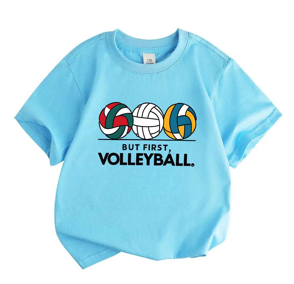 Kids Boys Girls 100% Cotton Crew Neck Short Sleeve T-Shirt, Cute Volleyball Pattern But First Volleyball Graphic Casual Comfy Tee for Children Daily S