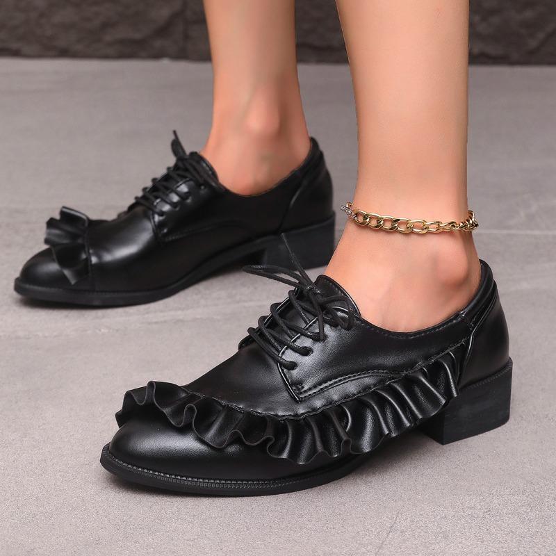 2025 New Women Ruffles Designer Lace Up Shoes Cowhide Genuine  Pumps Comfortable Low Cut Low Heels Shoes Party Footwear