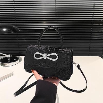 PU Leather Alligator Pattern Small Square Handbag Bow Design Women's Solid Color Fashion Shoulder Crossbody Bag AVE