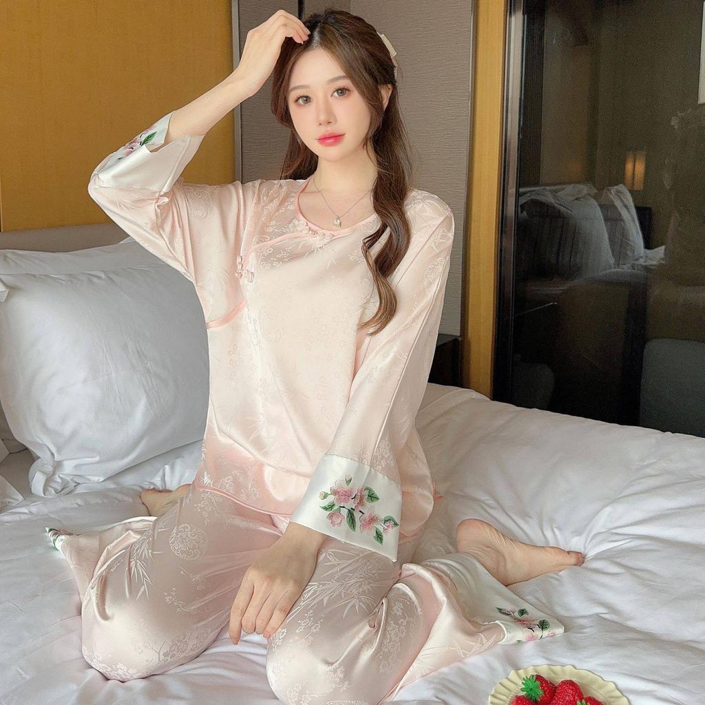 New ice silk pajamas women's summer Chinese antique rose suit loungewear imitation silk satin jacquard can be worn outside
