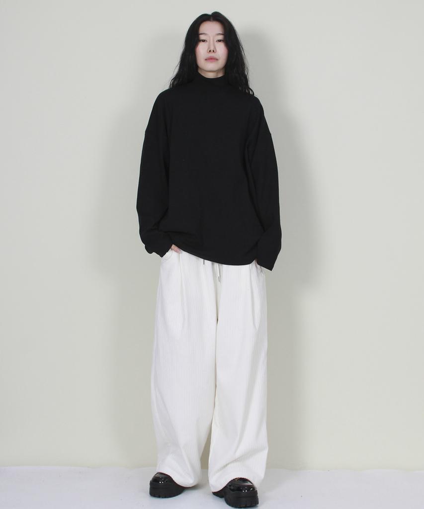 Deumakeu Wide-Fit Corduroy One-Pleat Elastic Pants White