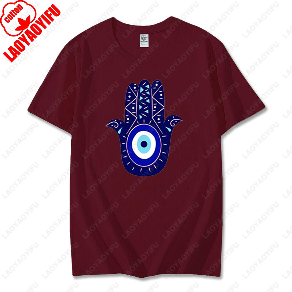 Men Women Hamsa Hand TShirt with Blue Eye of Protection Design Tee Unique Creative Graphic Print Cotton Casual Unisex Tops Gift