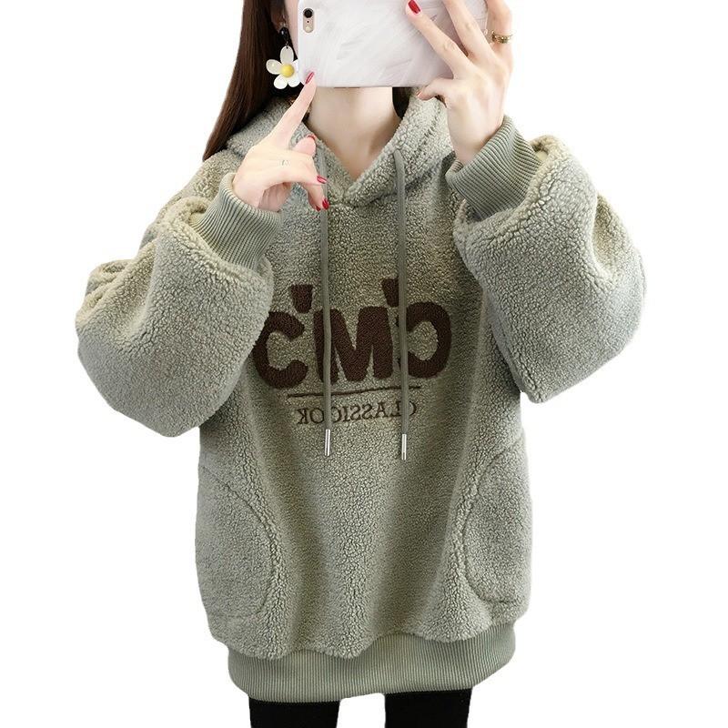 Womens Fleece Hooded Sweatshirt Thick Warm Winter Letter Print Outerwear