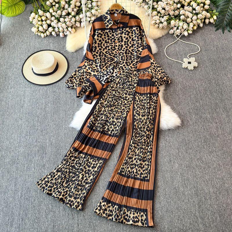

Fashion Suit Women s Fashion Loose Lantern Sleeve Print Shirt Two-piece Set Casual High Waist Pleated Wide-Leg Trousers Spring Leopard print One size