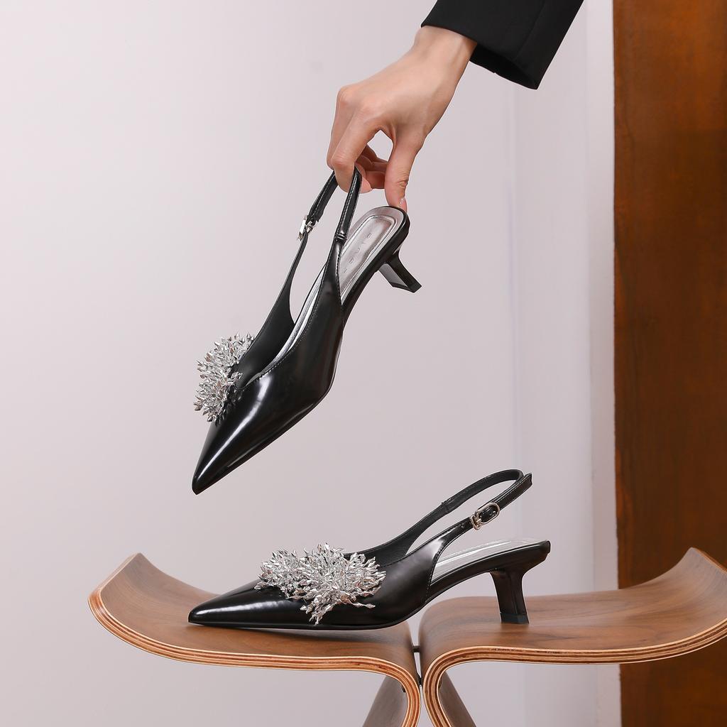 59003 High-heeled Slippers Women's Thick Heels Summer 2025 New Bag Head Half Slippers Rhinestone Pointed Shallow Mouth Single Shoes