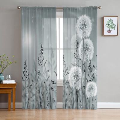 Grey Dandelion Flowers Plants Sheer Curtain for Living Room Bedroom Voile Drape Kitchen Window Tulle Curtains Home Essentials
