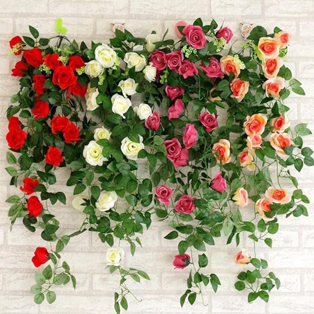 9 Flower Head Artificial Silk Rose Ivy Garland Fake Flower Vine with Green Leaves for Wedding Party Home Decor, DIY Wreath