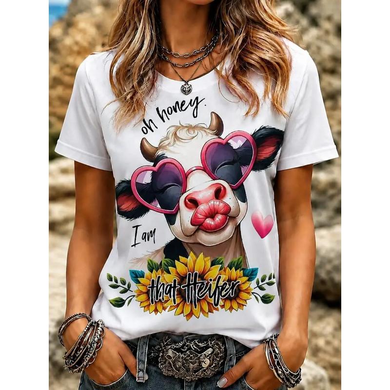 Lustiges Blumenkranz Kuh T-Shirt für Damen Kleidung 3D Lustiges Tier Sommer T-Shirts, Western Cottagecore Damen Oberteile Geschenk