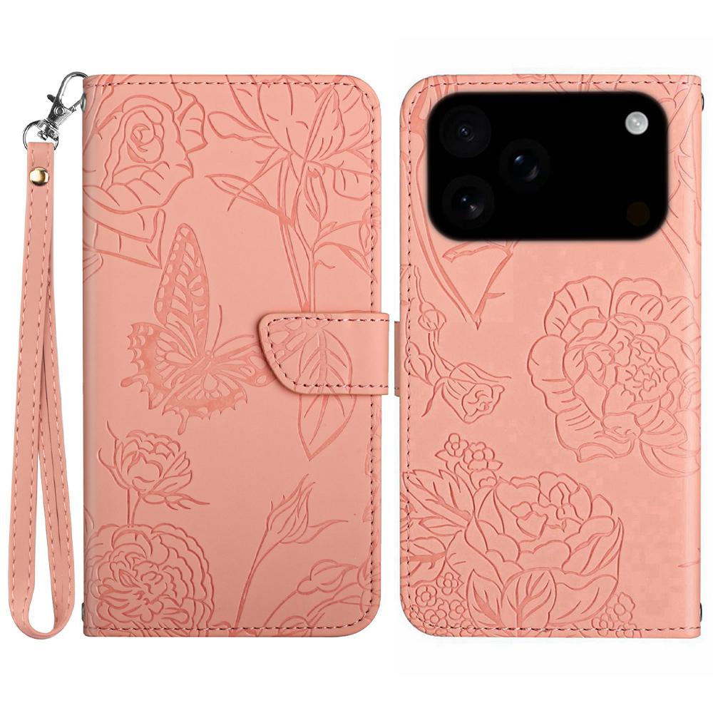 

Чехол для iPhone 17 Pro Кожаный чехол для телефона с ремешком с тиснением в виде бабочек и цветов Pink