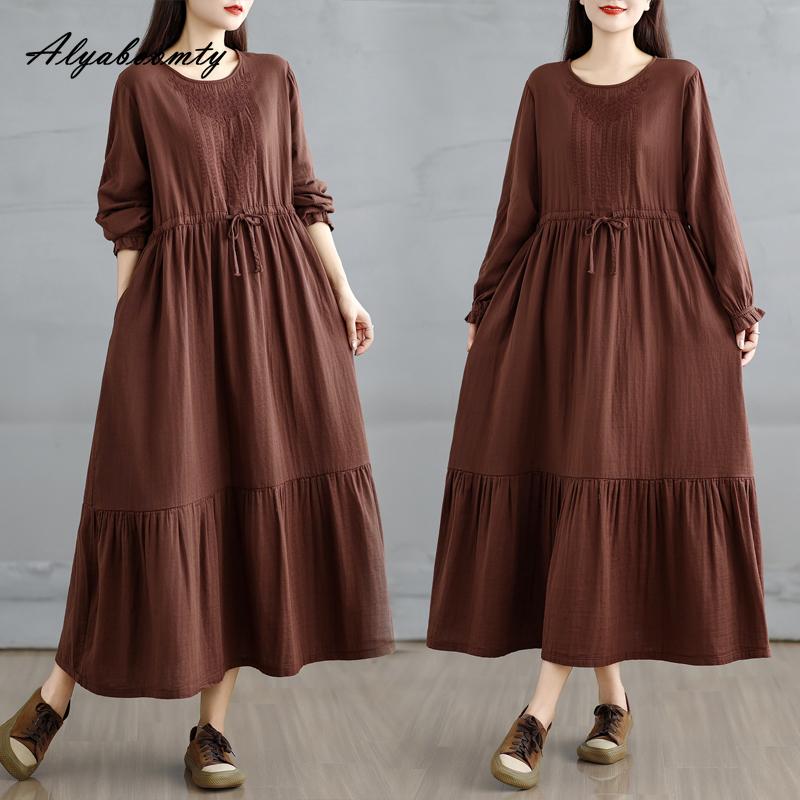 Korean Style Plus Size Spring Autumn Women Midi Dress O Neck Red Green Brown Burgundy Oversized Dress Lace Up Embroidery Cotton Dress