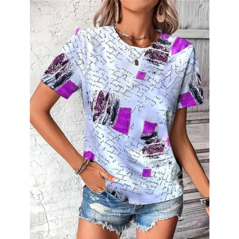 Fashion Women s Crew Neck Short Sleeve 3D Casual Color Printing Casual Short Sleeve Crew Neck T-Shirt XS