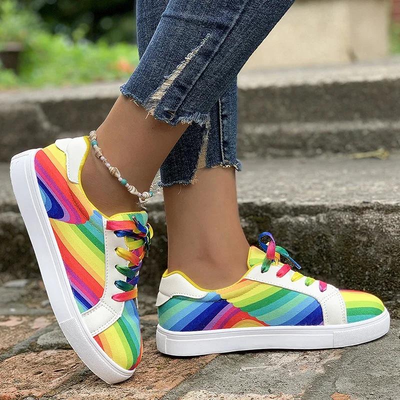 Rainbow Color Lace Up Sneakers Women Casual Non-Slip Platform Vulcanized Shoes Woman 2025 Autumn Flats Running Walking Shoes 43