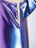 Girls Metallic Jumpsuit One Shoulder Long Sleeve Side Invisible Zipper Shiny Bodysuit Performance Dancewear