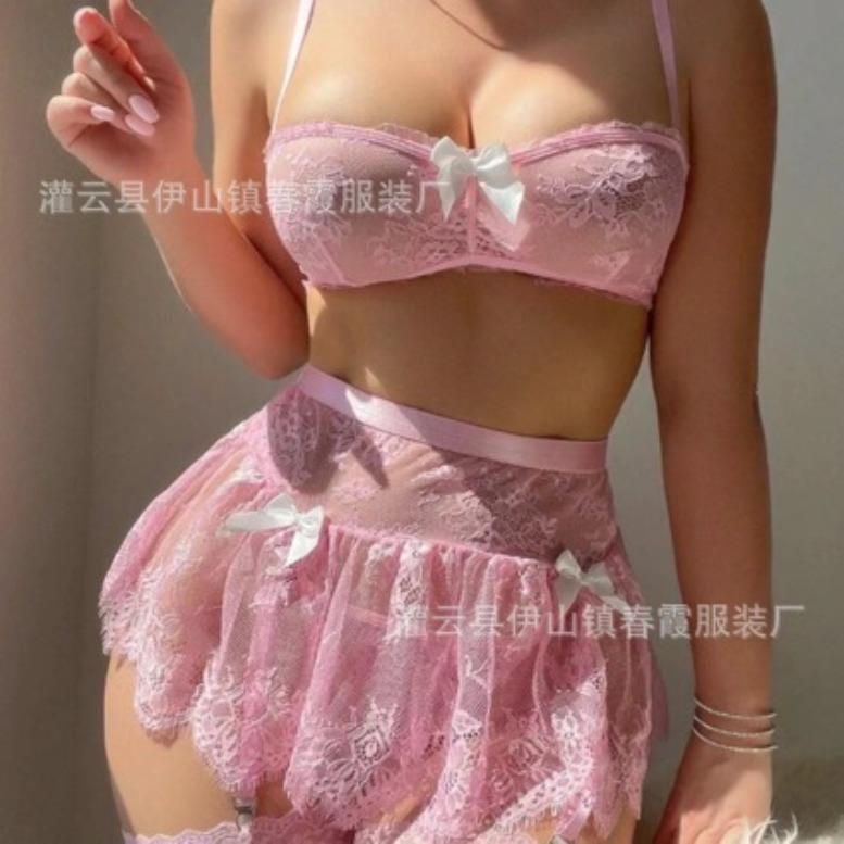 Sexy lingerie lace perspective splicing three-point bra set mesh garter belt women