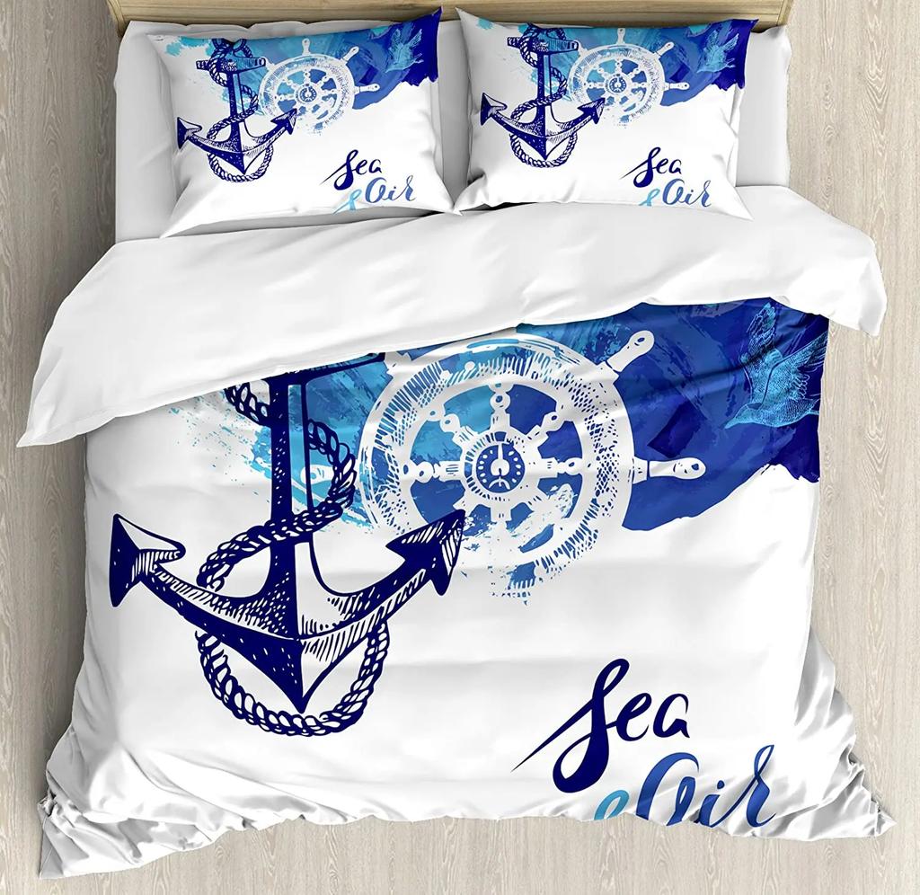 Nautical Anchor Ship Lighthouse Whale Art 3dílná sada povlečení pro manželskou postel Domácí textil Povlak na přikrývku Povlak na polštář Povlak na polštář