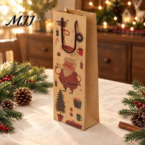 Festive Paper Wine Bottle Bags Christmas Gift Bag, Reusable Bag with Handle, Santa Tree Party Packaging Wreath Print for Favors And Seasonal Presents