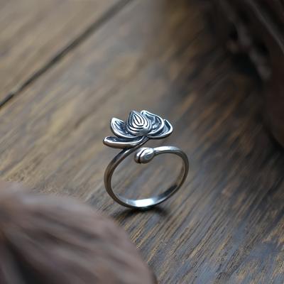 Retro Lotus Flower Adjustable Open Ring For Women Punk Gothic Edgy Jewelry Silver Color Vintage Alloy Accessories Elegant Gift