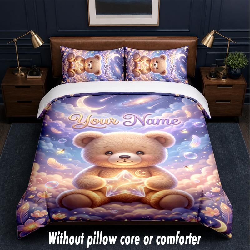 Teddy Bear Theme Custom Text Or Name 3Pcs Bedding Set,1 Flat Sheet & 2 Pillowcases Personalized Home Bedding