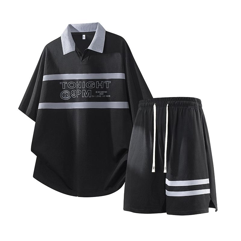 Summer casual sports suit men s short sleeved two-piece set 2XL чёрный