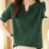 IHUASU Women's Summer Thin New Solid Colour Line Short Sleeve Knitted T-Shirt V-Neck Pullover Loose Half Sleeve Vest Top Cotton Line T-shirt