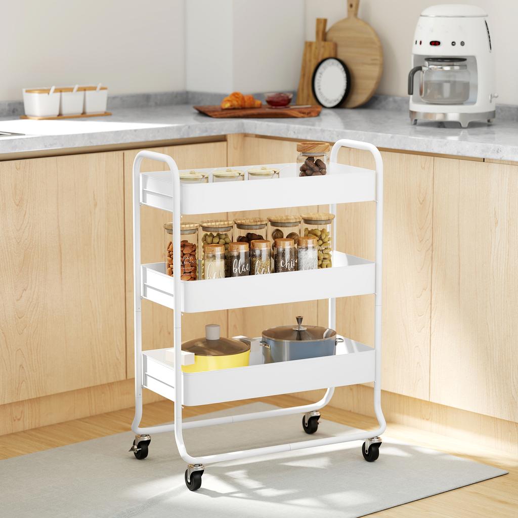 3-Tier Storage Trolley on Wheels, Rolling Utility Cart with Mesh Backets for Kitchen, Bathroom, Bedroom, White