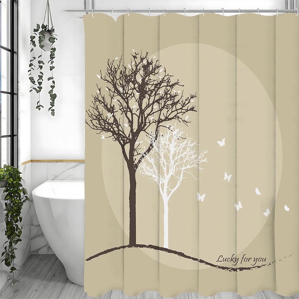 Tree Butterfly Shower Curtain, Bathroom Decorative Shower Curtain, Waterproof Shower Curtain with Hooks