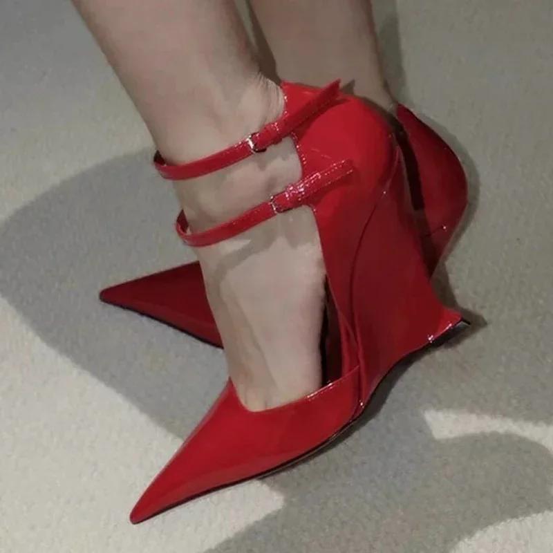 Fashion Elegant Red Patent Leather Wedges High Heels Women Sexy  Pointed Toe Pumps Fashion Double Buckle Strap Ladies Party Dress Shoes