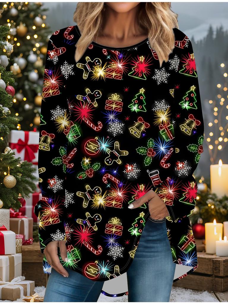 Übergröße Damen Frühling Weihnachten Schneemann Gedruckt Bequem Langarm Rundhals T-Shirt Lässig Weit Mittelang Tops
