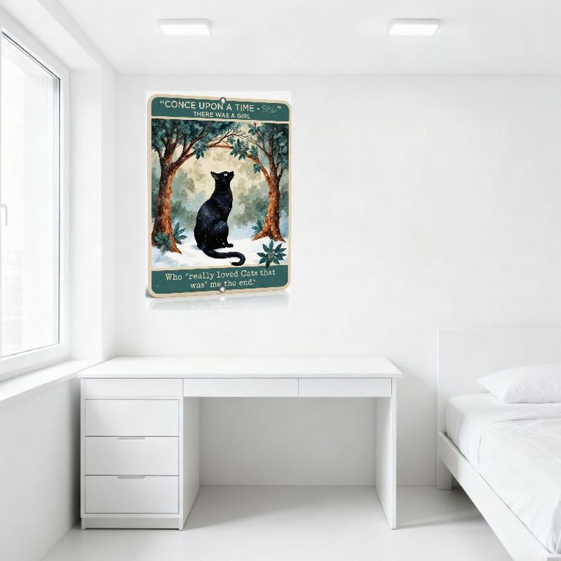 Once Upon a Time There Was a Girl Black Cat Forest Snow Metal Tin Sign Vintage Storybook Home Decor Plaque for Bar Café Man Cave