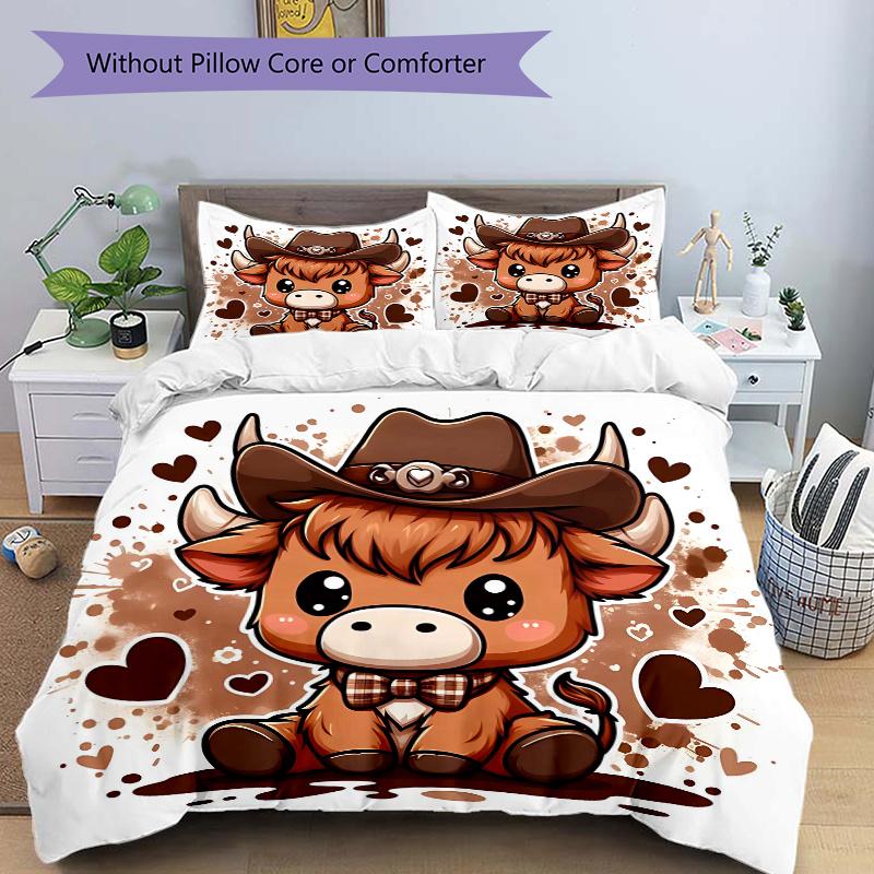 

3pcs Cowboy Cow Quilt Set Cartoon Themed Bed Quilt Set Lovely Character Bedroom Decor Bed Quilt Set Four Seasons (1 Cover + 2Pillowcase NO Comfor 135x200cm