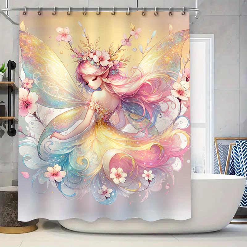 

Pink Flower Fairy Shower Curtain With Unicorn Print Decorative Waterproof Bathroom Liner Set For Kids Bathrooms Beautiful Home D W60H190(CM)-1 Pcs