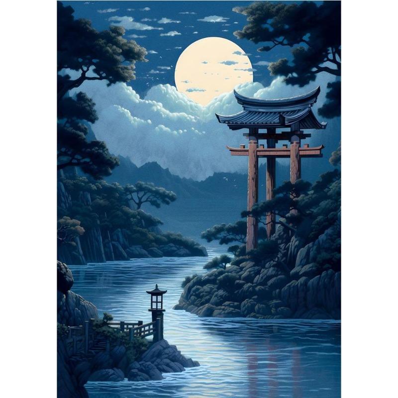 Japanese cherry color koi, fish, moonlake, magic art poster, canvas, painting, Japanese landscape, wall art for living room, home decor