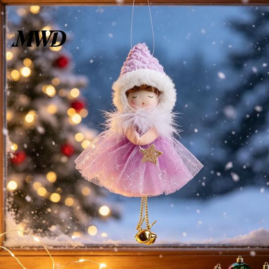 Small Decorative Keepsakes Christmas Angel Hanging Ornaments, Tulle Dress Doll Pendant Pastel Holiday Home Decor with Bell for Xmas Tree Wedding Party