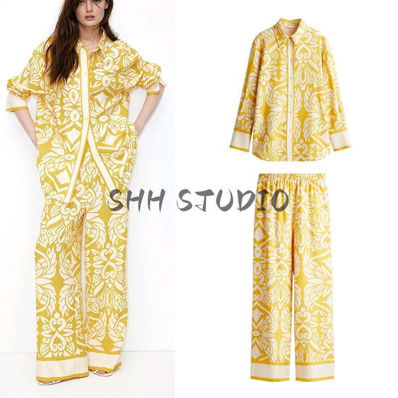 Spring and Summer New Loose Lapel Print Shirts 1273613 Linen Blend Straight Trousers 1273614