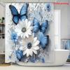 1/3/4pcs, Fashionable and Simple Blue Butterfly and White Flower Bathroom Set - 2D FLAT Shower Curtain, Bath Mat, Toilet Lid C