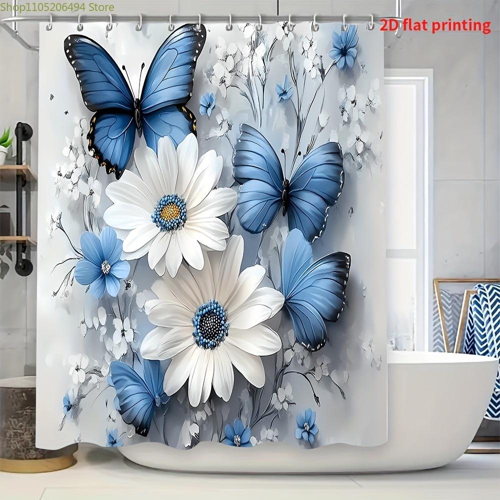 1/3/4pcs, Fashionable and Simple Blue Butterfly and White Flower Bathroom Set - 2D FLAT Shower Curtain, Bath Mat, Toilet Lid C