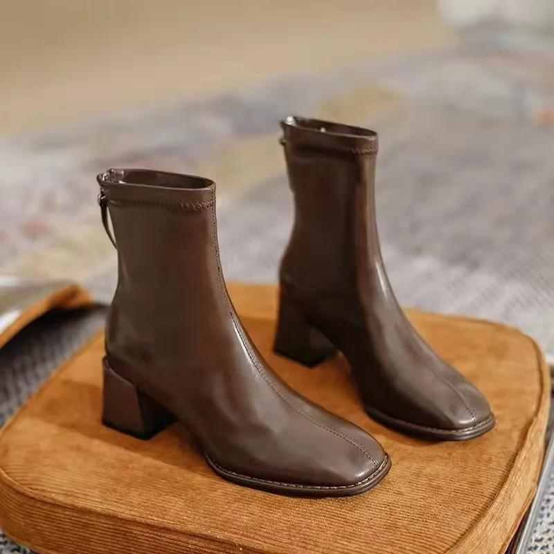 Women Outdoor Square Toe Ankle Boots Women Comfortable Fashion Designer Shoes Mid Heels Zipper Boots Big Size Shoes For Women