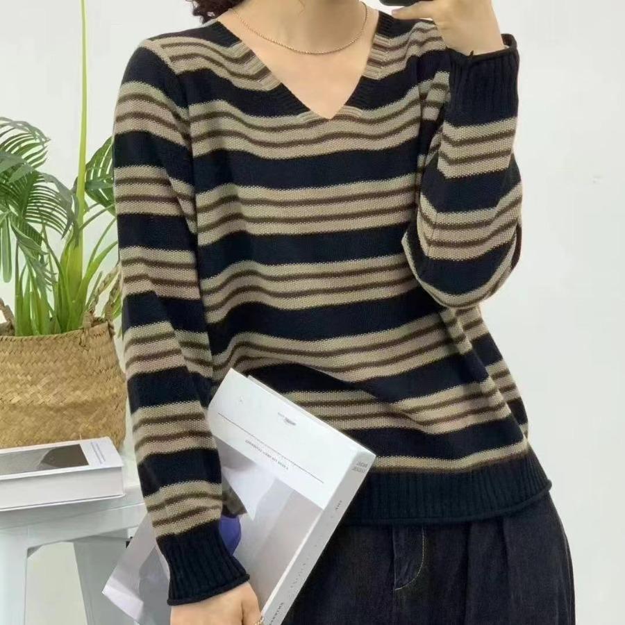 Literary Retro Clothes Striped Printed Pullovers for Women Autumn Winter Sweater Casual Long Sleeve O Neck Cotton Sweaters
