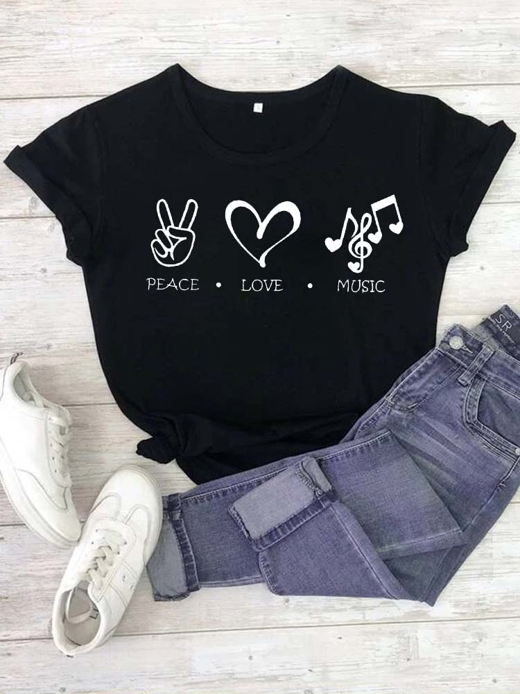 Fashion Women T Shirt Musical Note Printed T Shirt Casual Black Tops 90s Ladies Girls Tee Shirt Female Harajuku Graphic T-shirt