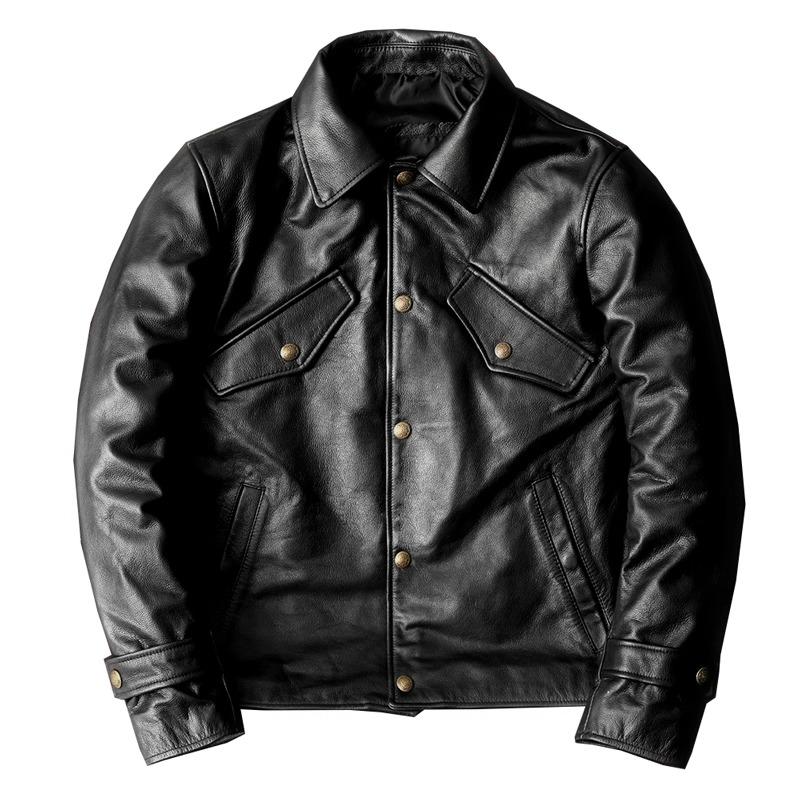 Korean Style Stylish Casual Leather Jacket Mens Genuine Top Grain Calfskin Short Coat