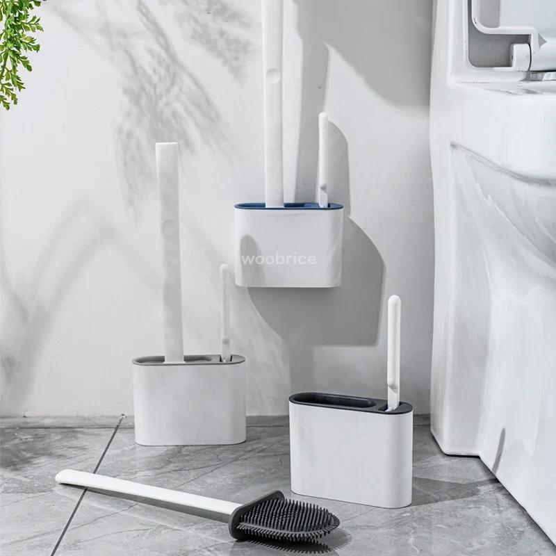 Wandhängende Toilettenbürste mit Halter, langstielige Silikon-Toilettenbürste, weiche Borsten, WC-Reinigungsbürste, Badezimmerzubehör