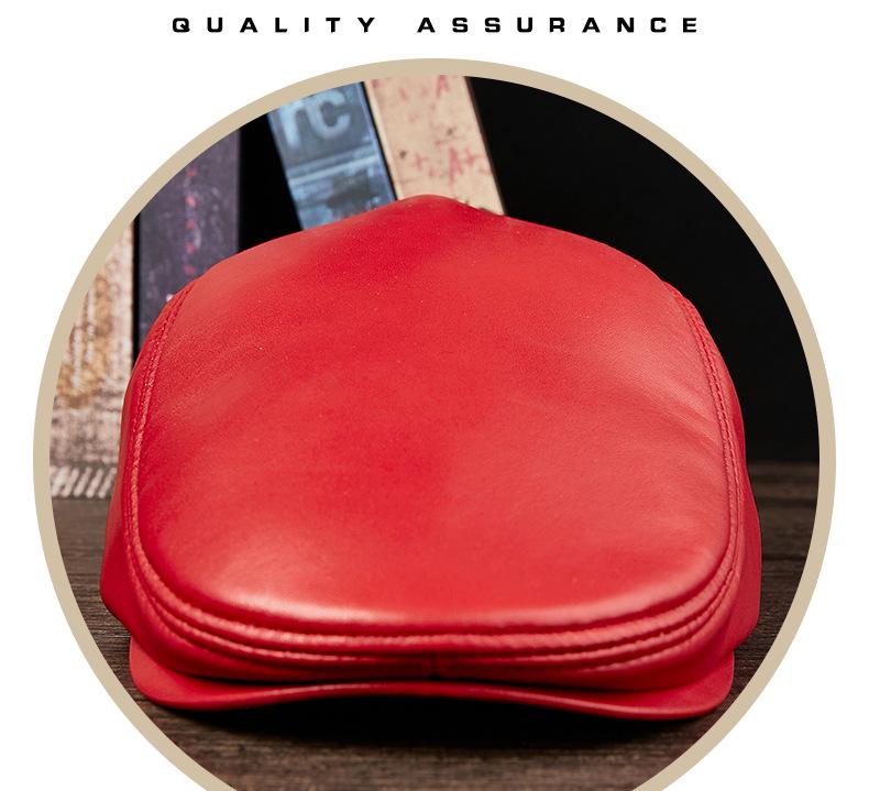 Unisex Dark Red Genuine Leather Sheepskin Flat Cap - Korean Style Warm Duckbill Cotton Hat for Autumn & Winter
