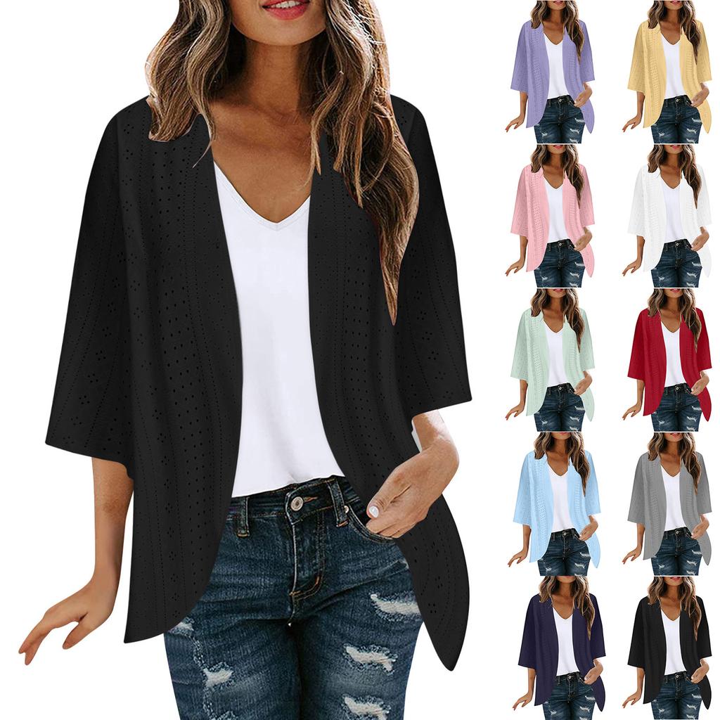 Veste Cardigan Décontractée Mode Femme à Manches Sept Partagées Couleur Unie