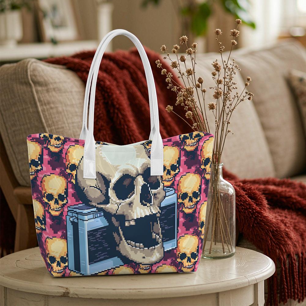 Pixel Skull Print Large Tote Bag Lightweight Casual Daily Top Handle Shoulder Bag for Streetwear