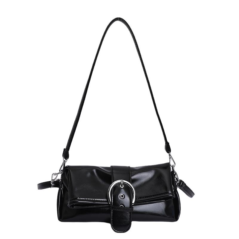 

2026 New Retro Bright PU Surface Shoulder Bag for Women Fashion Metal Buckle Commuter Versatile Niche Design Crossbody Bag чёрный