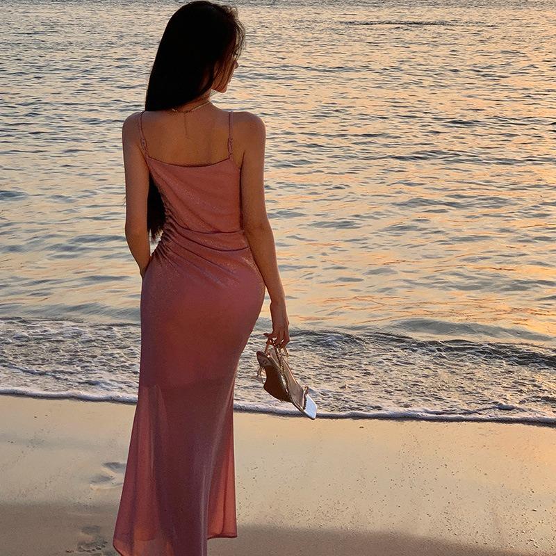 Holiday Moon Powder French Knitted Suspender Dress Temperament Thin Annual Meeting Evening Dress Women's High Sense